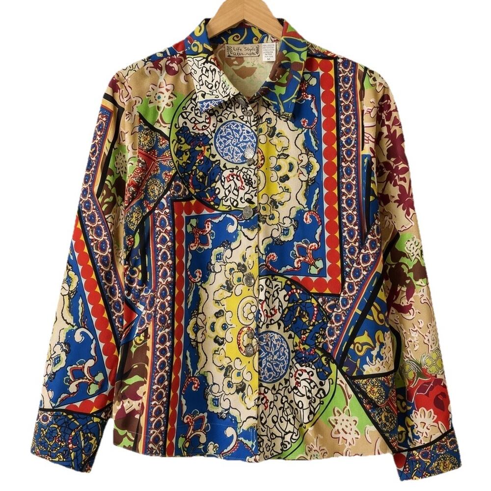 Y2K Patchwork Scarf Print Button Jacket Womens M Boho Artsy Cotton India